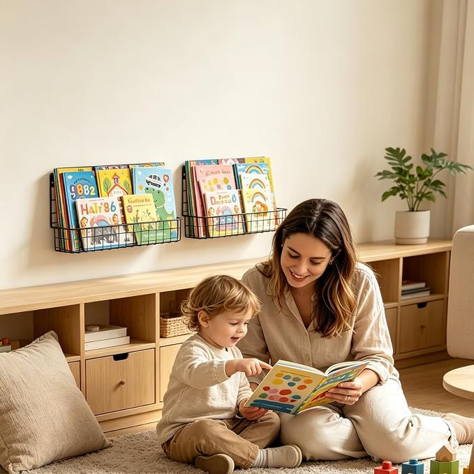 X-cosrack 4-Pack Wall Mounted Metal Kids Bookshelf, Floating Book Shelves for Kids Nursery Toddler Classroom, Hanging Book Shelf Organizer for Room Decor, Black