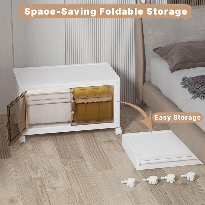UAMFURI Extra Large Stackable Storage Bins with Lids & Wheels, Foldable Plastic Storage Bins (1, White, 30"×20"×18")