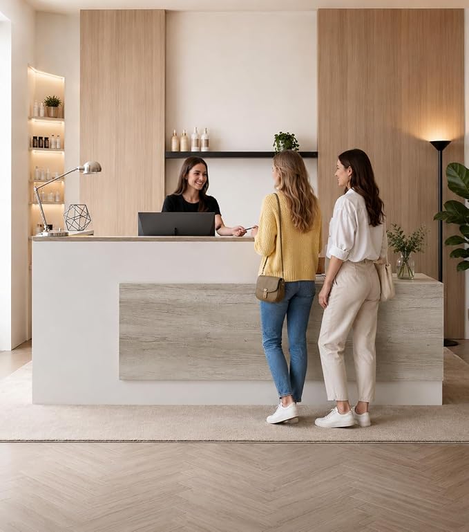 Modern L-Shaped Reception Desk with Counter - 110 Inches Front Desk with Storage Cabinet, Open Shelves, Lockable Drawer & Keyboard Tray for Office, Lobby, Checkout (Oak & Warm White - Right)