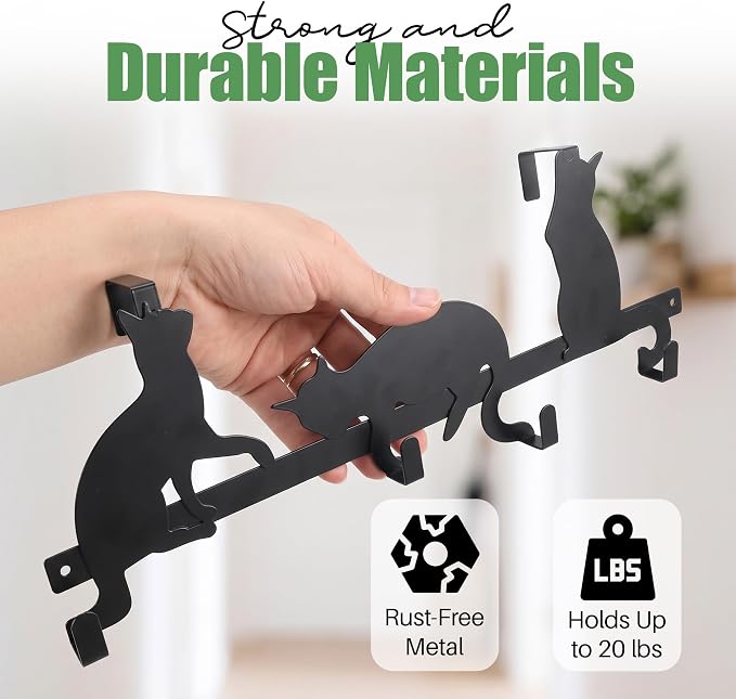 Evelots Over The Door 4 Hook Towel/Coat Rack Hanger Organizer, Kitty Cat Design-Easy No Tool Installation-Black Iron-Holds 20 lbs.