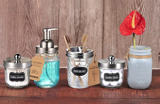 Amolliar Mason Jar Foaming Soap Dispenser Pump Lids, Rustproof Stainless Steel Lid Plastic Pump for Regular Mouth Mason Jar, Kitchen Bathroom Farmhouse Decor, Waterproof Stickers, Brushed Nickel 2Pack