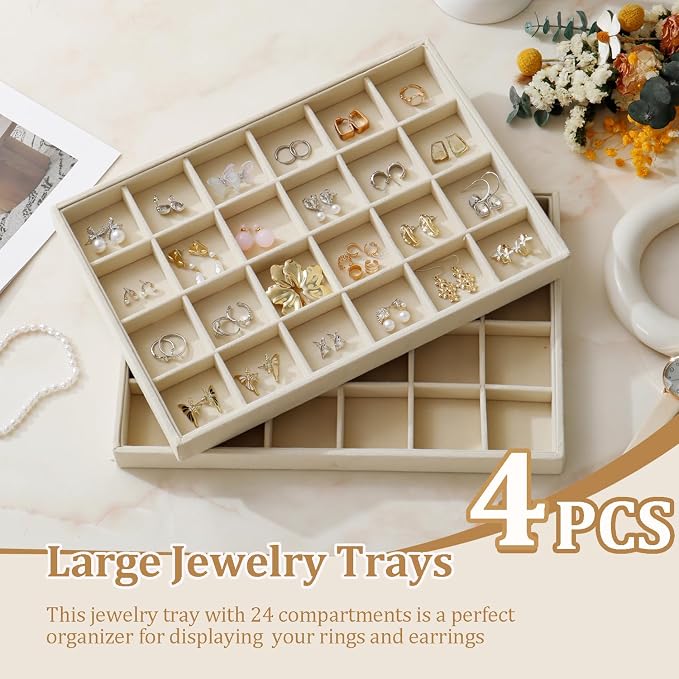 Large Stackable Jewelry Tray 4 Pack Velvet Jewelry Display Drawer Inserts Trays Organizer for Earring Bracelet Necklace Ring (Beige, 24 Grids)