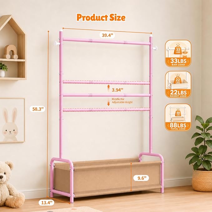 Kids Clothing Rack with Double Rod, Storage Basket & Hooks, Height Adjustable Kids Clothes Rack, Portable Baby Dress Up Garment Rack for Princess Dresses, Pink