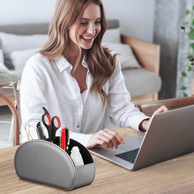 FINTIE Remote Control Holder, 5 Compartments Vegan Leather TV Remoter Caddy Desktop Organizer Makeup Brush Holder Storage Fits TV Remotes, Media Controllers, Office Supplies(Silver Gray)