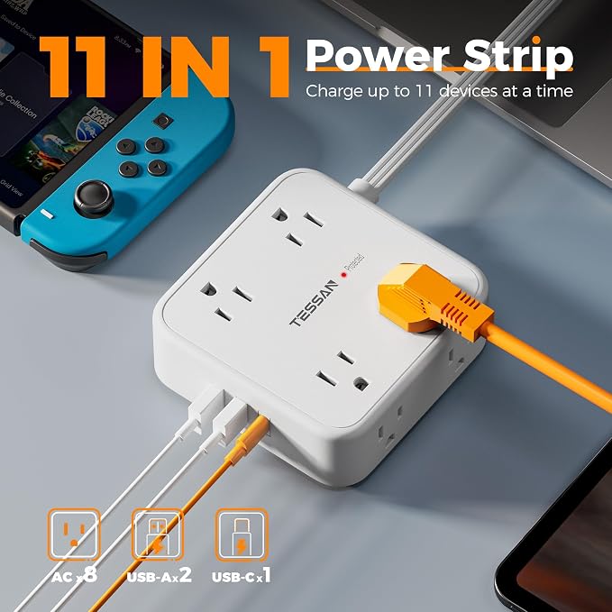 TESSAN Surge Protector Power Strip with 900J Surge Protection, 15 Ft, White | 8 AC with 3 USB Ports, Flat Plug Extension Cord, 3 Sided Outlet Extender with Power Switch