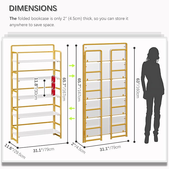 4NM No Assembly Extra Wide 5 Tiers Folding Bookshelf Storage Shelves Vintage Bookcase Standing Racks Study Organizer Home Office (White Gold)