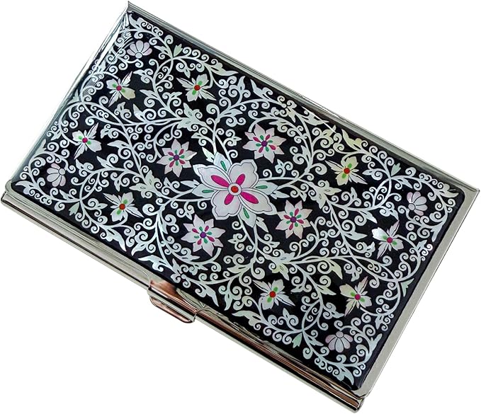 Mother of Pearl Business Card Case Credit Id Name Holder Travel Wallet Art Painting Design Metal Stainless Steel Engraved Slim Purse Pocket Cash Money Wallet (New Arabesque)