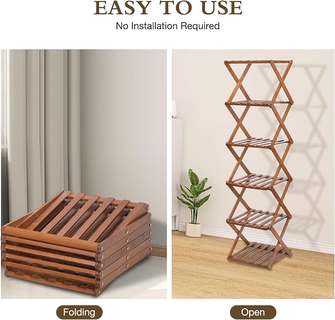 Bamboo Shoe Rack 6 Tier Foldable Shoe Rack for Entryway | Narrow Vertical Shoe Organizer Free Standing Shelf, Multifunctional Slim Storage for Bedrooms Living Room Corner
