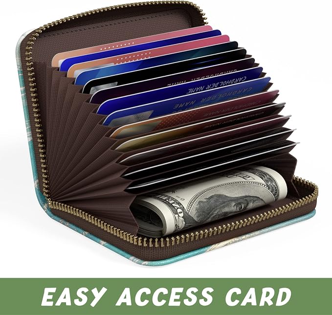 Aiawoxc Credit Card Holder for Women, Small RFID Wallet Slim Leather Card Organizer Case with Zipper and Keychain, Cyan Marble