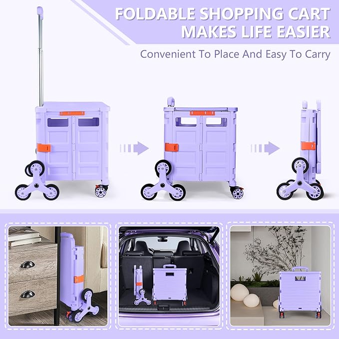 Foldable Utility Cart with Stair Climbing Wheels,Collapsible Rolling Crate with Magnetic Lid Telescopic Cover,Telescoping Handle,360° Rotate Wheel Hand Cart for teacher Shopping Moving Grocery(Purple)