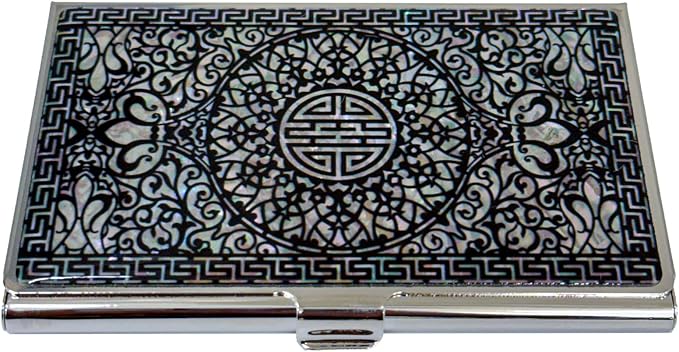 Mother of Pearl Business Card Case Credit Id Name Holder Travel Wallet Art Painting Design Metal Stainless Steel Engraved Slim Purse Pocket Cash Money Wallet (N-Pattern)