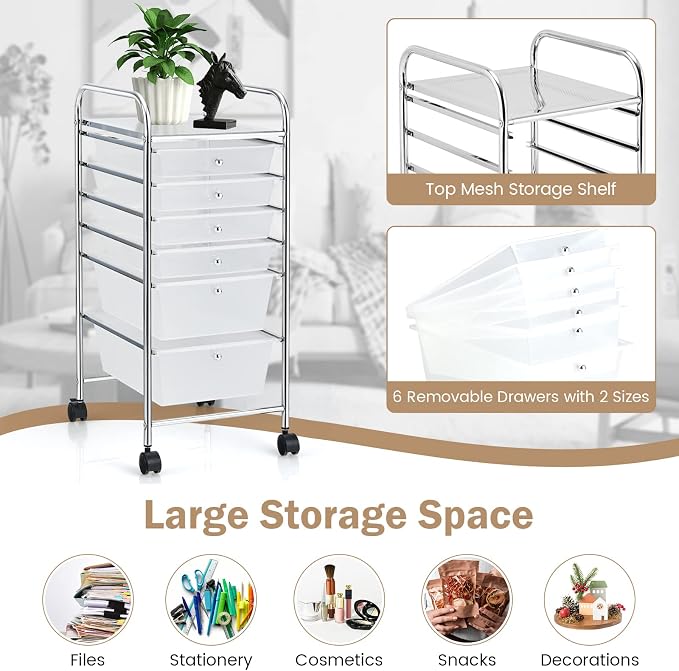 DREAMADE Rolling Cart with Storage Drawers, Utility Cart with Removable Plastic Drawers, Lockable Wheels, Art Cart for Classroom Organization Art Supplies Office Scrapbook (6 Drawers, Transparent)
