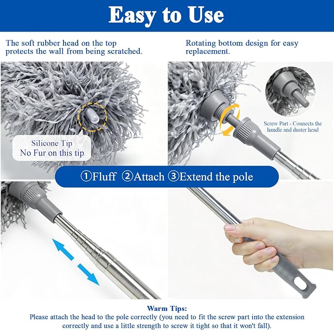 Cobweb Duster with Extension Pole 100 inches, Dusters for Cleaning with 2 Duster Heads, Washable Microfiber Feather Duster for Cleaning Ceiling Fan, High Ceiling, Blinds, Furniture & Cars