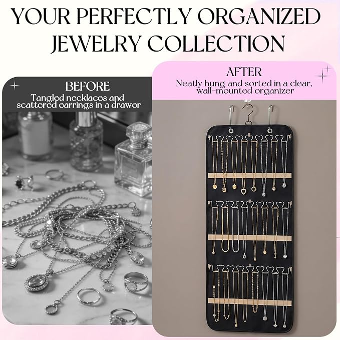 Jewelry Hanging Organizer, Oxford Fabric Jewelry Holder with Pockets & Metal Hooks, Wall Mount Door Hanging Storage for Necklaces, Earrings, Bracelets, Large Travel Closet Organizer for Women