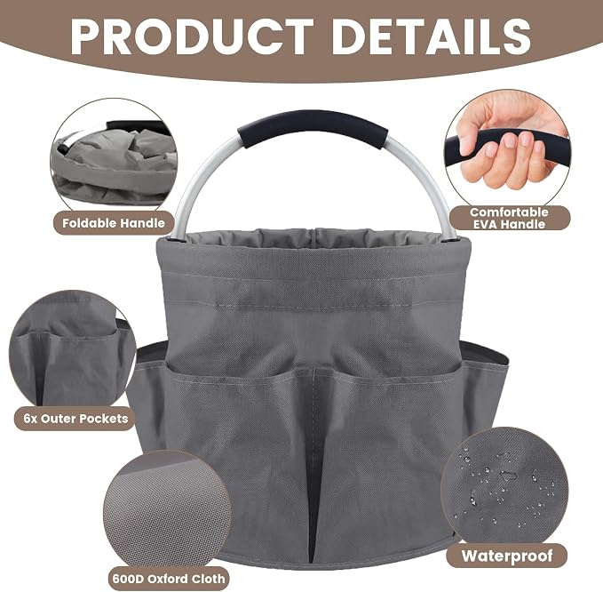 Cleaning Caddy with Handle, 17L Cleaning Supplies Organizer, Grey | 600D Oxford Fabric Storage Basket with 6 Pockets, Multifunctional Bucket Bag for Picnics, Camping, Gardening, Bathing