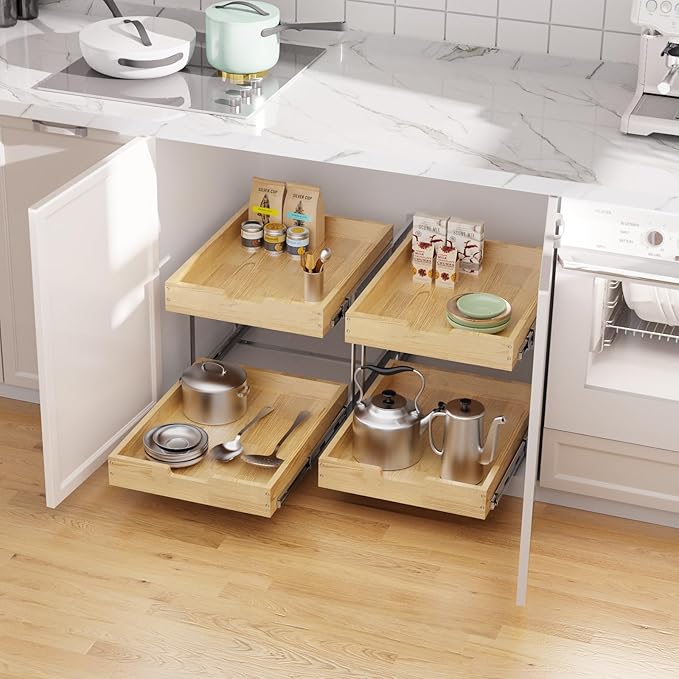 Sikarou Wood Pull Out Cabinet Organizer 2 Tie 23" W x 21" D, Heavy-Duty Sliding Drawers for Inside Cabinets Storage and Organization for Kitchen, Pantry, Bathroom