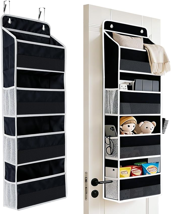 Over the Door Organizer, Door Storage Organizer with Large Capacity Pockets, Hanging Shelves for Bedroom, Closet, Dorm, Pantry (Black, 6-Tier)