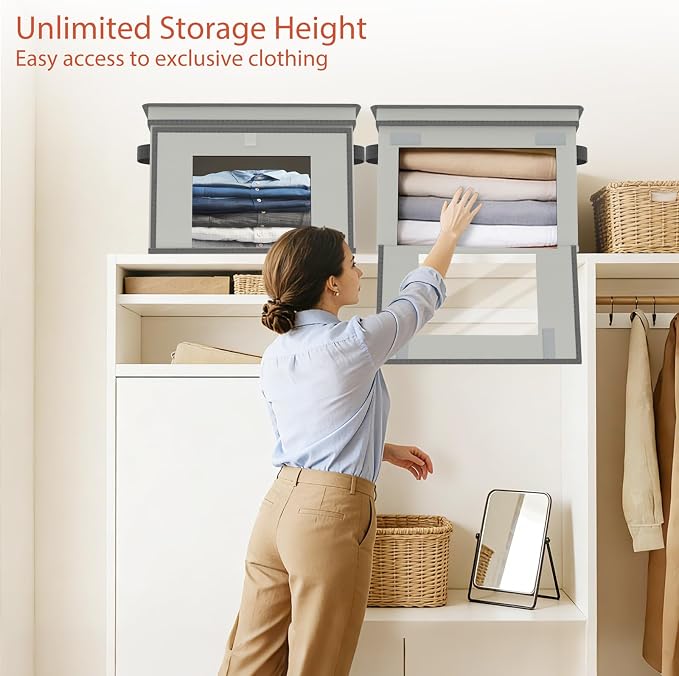 Univivi Storage Bins with Lids, Large Closet Organizers and Storage with Handles & Window, Foldable Fabric Storage Boxes with Lids for Home, Closet, Bedroom, 4 Pack, (Gray, 16.5“ x 12” x 12")