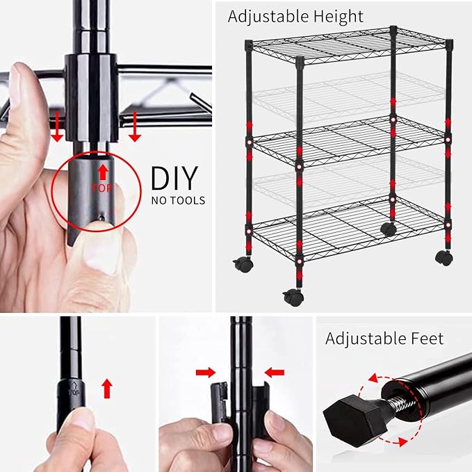 3-Tier Metal Wire Shelving Unit with Wheels, Heavy Duty Adjustable Storage Rack (450 lbs Capacity), Small Utility Organizer for Kitchen Pantry, Garage, Laundry Room, 23"W x 13"D x 31.3"H