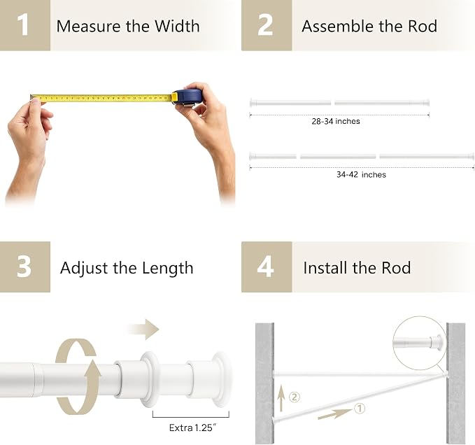 Tension Curtain Rod by EZFurni, 28 to 42 Inch, Adjustable Curtain Rods No Drilling, Heavy Duty Tension Rod, Anti-Slip Spring Loaded Curtain Rods for Window, Closet, Door, White