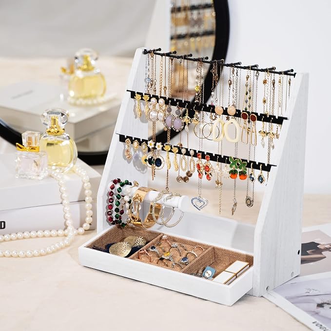 DGWJSU Earring Organizer, 5 Layer Earring Holder Organizer with Necklace Holder, Rustic Wood Jewelry Organizer Stand Display for Stud Earring Bracelet Necklace Ring, Watches