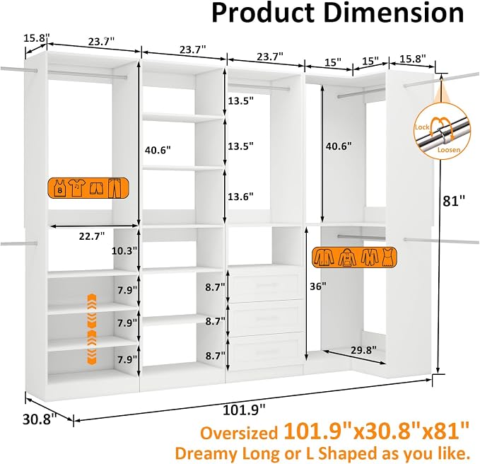 Closet System with 3 Drawers, 8FT Closet Organizer System with Adjustable Shelves & Expandable Hanging Rods, Corner Closet Storage Organizer, Modular Closet System for Walk-in Closet with 4 Sets,White