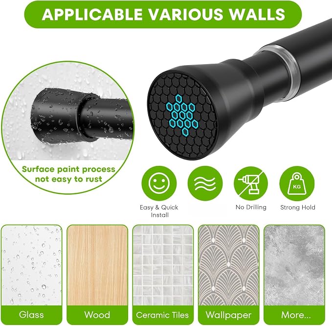 Tension Curtain Rod 2Pack Black Tension Rod Adjustable Curtain Rod No Drilling Tension Rods for Windows 28 to 48 Inch Curtain Rods Expandable Pressure Tension rods for Closet