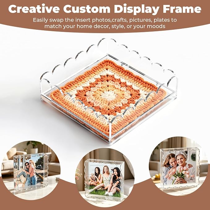 Acrylic Tray with Insert, 8 x 8 Inch Scalloped Clear Acrylic Decorative Tray for Needlepoint, Organizer Tray with 2 Magnets Slide Out Drawer Insert Photos Fabrics Pictures for Home Decor Gift