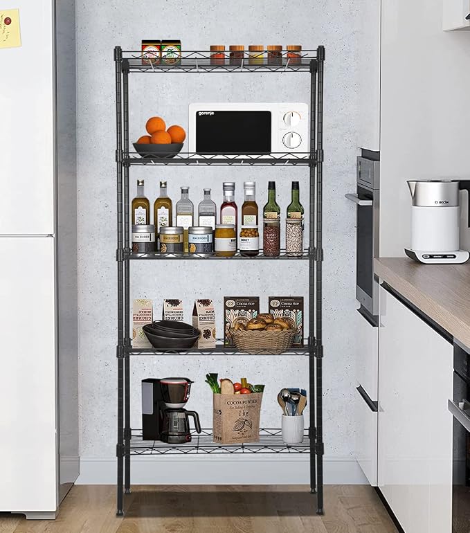Wire Shelves 5-Tier Metal Storage Shelves 11.6" D x 21.5" W x 47.6" H Adjustable Wire Rack Shelf NSF Shelving Unit for Kitchen Storage Pantry Laundry, 750LB Capacity, Black