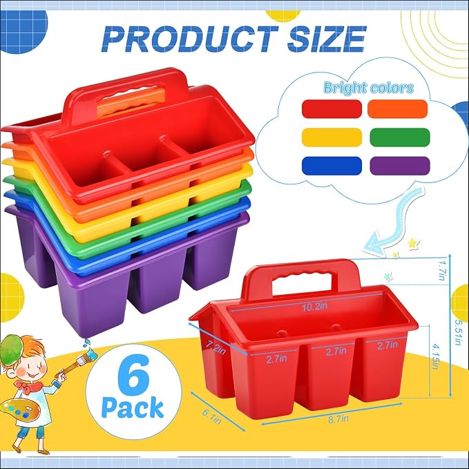 Haundry Classroom Caddy Storage Basket with Handle, 6 Pack Plastic Arts Office Crafts Caddy 4 Compartments for Kids, Pencil, Crayon, Marker, School Supplies, 6 Colors