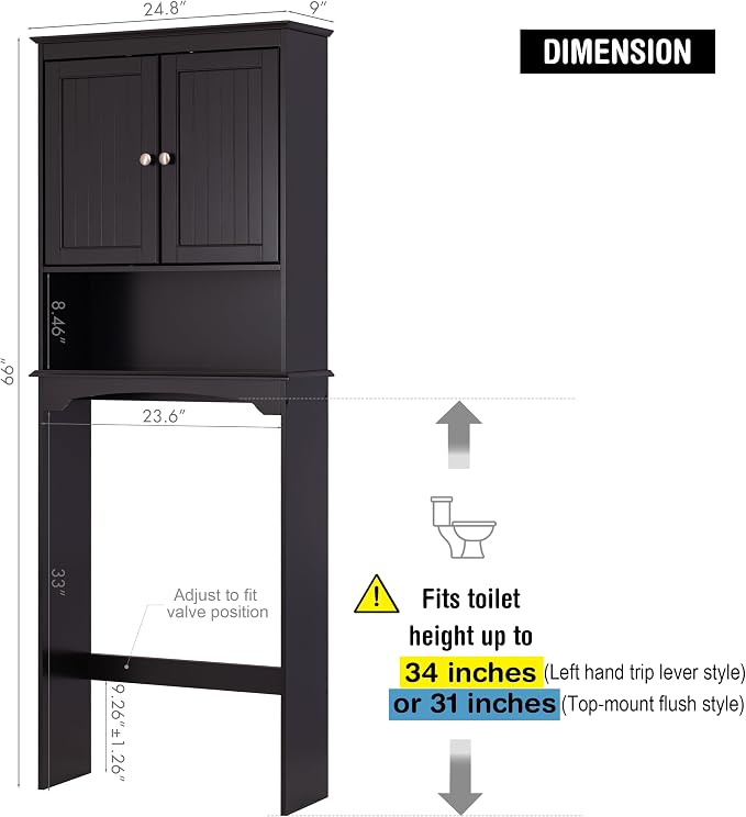 Spirich Over Toilet Storage Cabinet with Doors, Espresso Bathroom Organizer | FSC-Certified MDF, Raised Panel Doors, Adjustable & Open Shelves, Anti-Tip Mount, Fits Behind & Above Standard Toilets