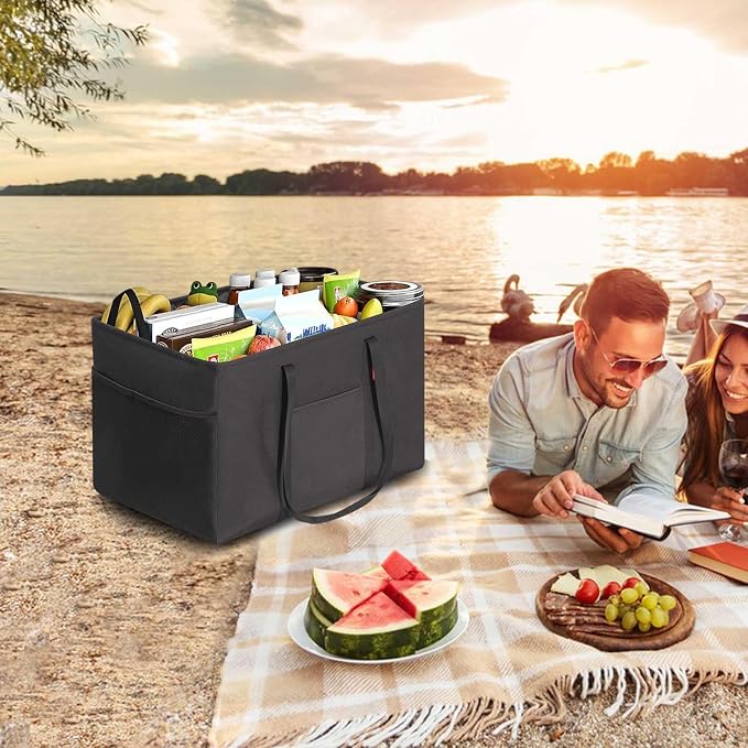 LHZK 2 Pack Utility Tote Bag with Metal Wire Frame and the Sides Rinforced, Large Tote Bag with Handle, Reusable Grocery Bags Foldable, Beach Bag, Car Tote (Black, 18.5''x11.8''x11.5'')