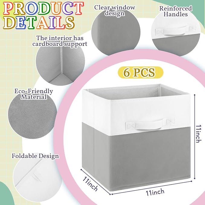 Yinder 6 Pcs Cube Storage Bin White Gray 10.5''x10.5''x11'' Storage Bins for Playroom Decor Colorful Bins for Kids Foldable Baskets for Nursery Organizer Boxes Fabric Boxes