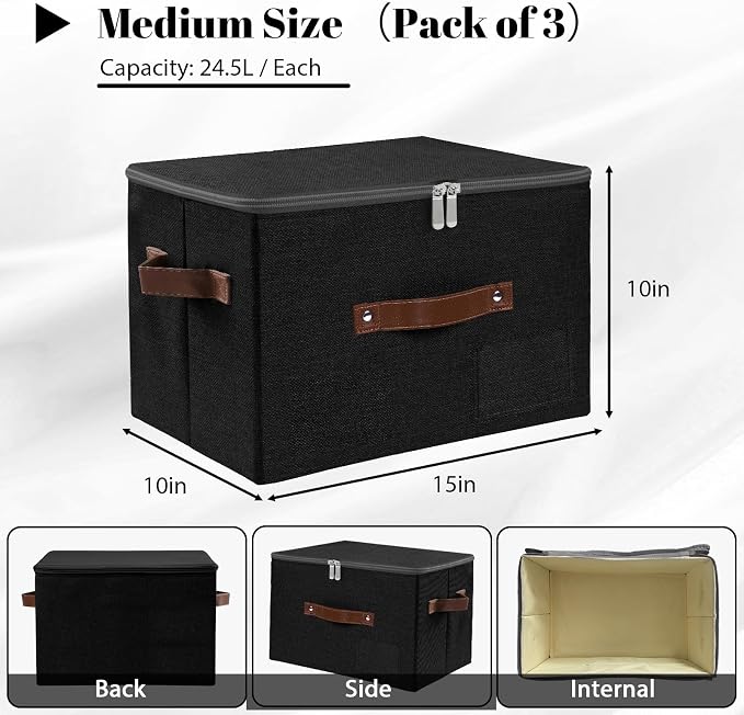 ANMINY Fabric Storage Box Bins with Zipper Lid, Washable Black, 3PCS | Cotton Linen Fabric, PP Board Frame, Label Holder, Stackable & Foldable, PU Handles, Dual-Zipper 3-Side Open Lid, Medium