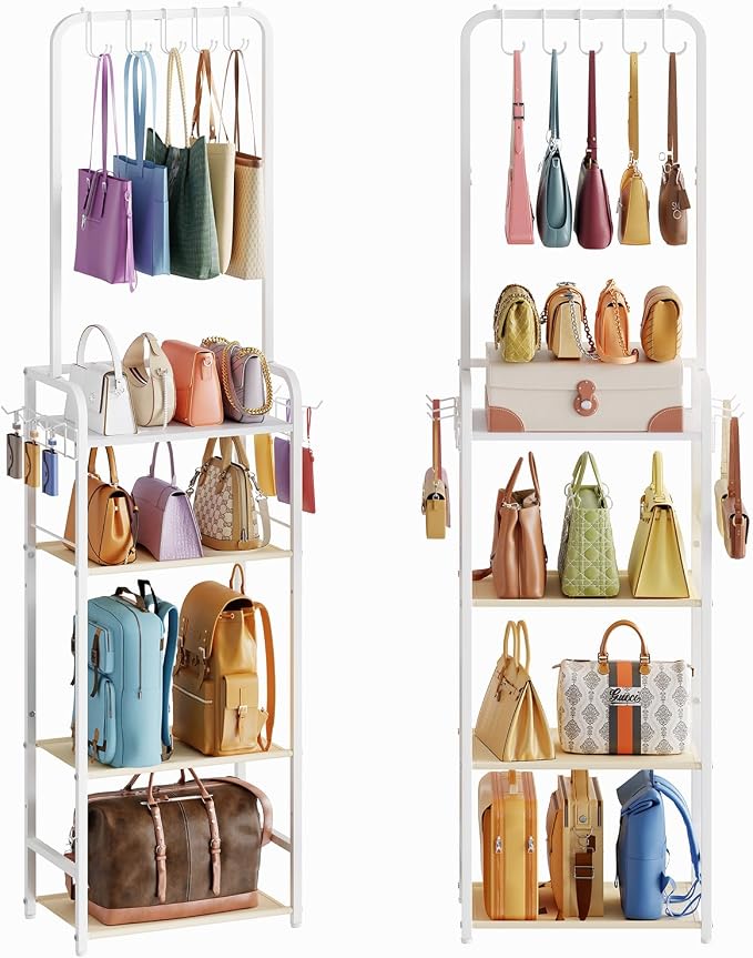 Tall 5-Tier Purse Organizer for Closet with 5 Purse Hanger, Large Purse Rack Stand with 6 Side Hooks, Adjustable Handbag Organizer Shelf, Space-Saving Narrow Purse Storage Organizer for Small Place