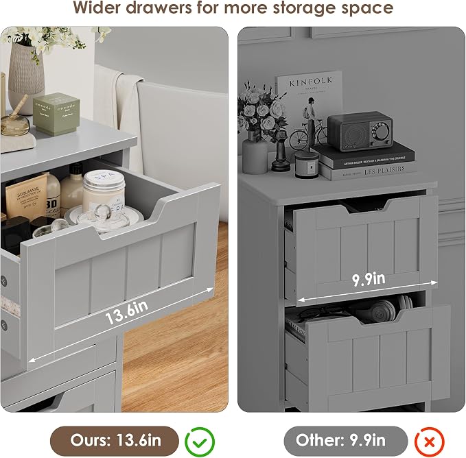 FOTOSOK Bathroom Cabinet, Bathroom Storage Cabinet with 5 Drawers, Wooden Storage Cabinets with Cut-Out Handles, 11.8” x 15.7” x 40.1” Bathrooms Floor Cabinets for Hallway/Living Room, Grey