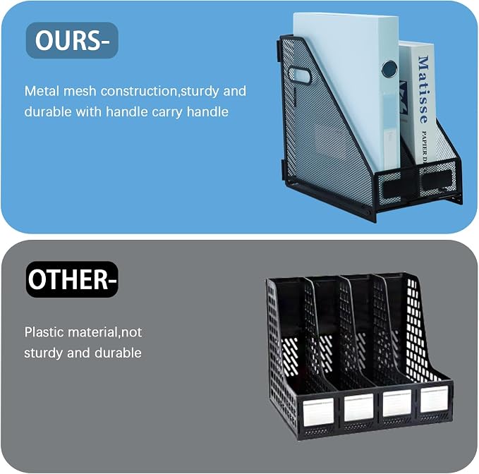 Desk Organizers Metal Magazine File Holder Racks Desktop Folder Storage Binder Organiser Document Organization for Home Office & Classroom,2 Vertical Compartments