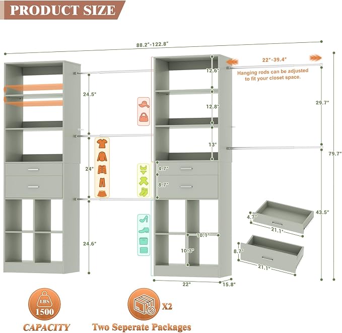 Besiost Closet System, 7.4ft-10ft with 4 Wooden Drawers and 5 Hanging Rods, Can Fit 88 to 123 inch Walk-in Closet System, Crab Green