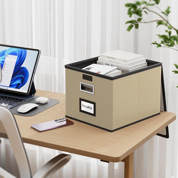 Huolewa Faux Leather File Organizer Box with Lid, Collapsible Hanging File Folder Box Organizer with Plastic Slides, Decorative Home/Office Filing System Boxes for File and Folder Storage-Khaki