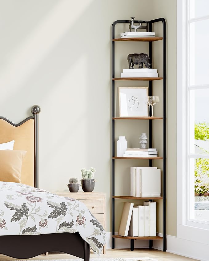Hzuaneri Corner Shelf Stand Corner Bookshelf Standing Shelf Plant Shelf | Corner Display Rack with Metal Frame for Living Room, Bathroom, Kitchen, Industrial Style, 6 Tier Rustic Brown CS06601B