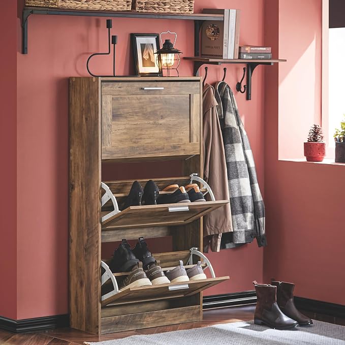 Haotian Shoe Cabinet Storage for Entryway | Narrow Shoe Cabinet with Three Flip Drawers to Save Space, Shoe Rack Cabinet for Entrance Hallway (Natural)