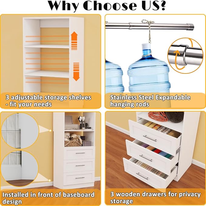 Closet Organizer System with Drawers Wood Closet Shelving System Small Walk in Closet Standalone Corner Closets Storage with Hanging Rods White (2FT)