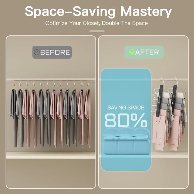 Pants Hangers Space Saving 2 Pack - 5 Tier Heavy Duty Closet Organizer for Jeans, Skirts, Shirts - Metal Hooks with Anti-Slip Design for Dorm, Apartment, Bedroom Storage
