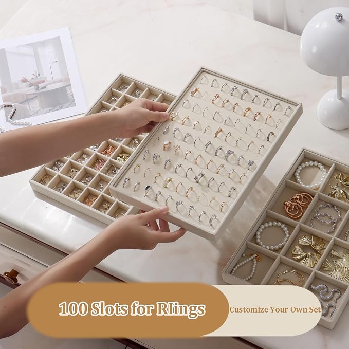 Large Jewelry Organizer for Drawer Insert Velvet Stackable Jewelry Trays for Earring Necklace Bracelet Ring Display (Beige, Ring 81 Slots)