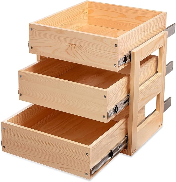 Mulush Pull Out Drawers For Cabinets, 17''W×21''D×19''H Soft Close Slide Out Wood Shelves Storage Organizer for Kitchen, 3-Tier, Finished, Heavy-Duty, Bottom Assembly
