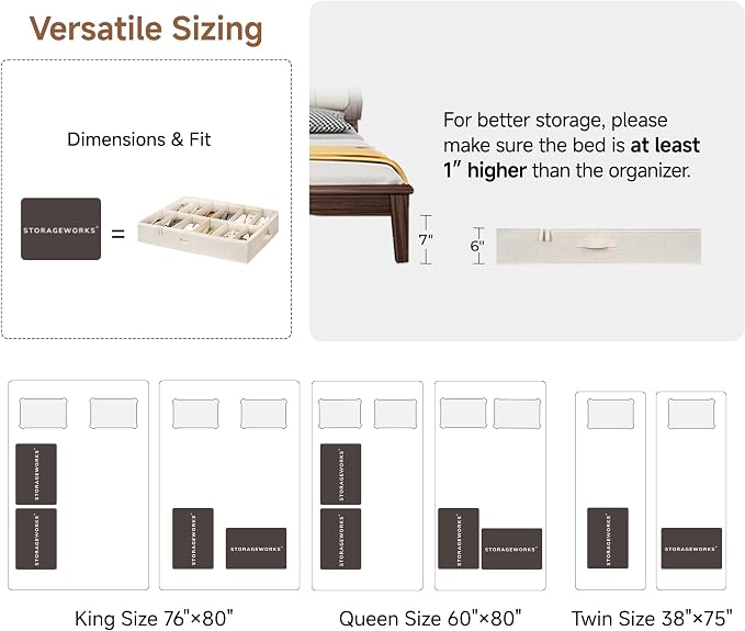 StorageWorks 2-Pack 24-Pair Underbed Shoe Storage Organizer, Linen Beige | Rustic Linen Fabric, Adjustable Dividers, 5.25" Height, Fits 6-inch+ Clearance, Clear Top, Soft Handles, For Closet, Bedroom