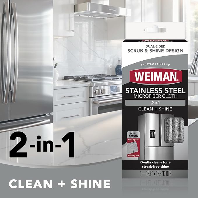 Weiman Microfiber Cloth for Stainless Steel, Safely Traps and Removes Dirt, Oil and Grime to Protect from Scratches 13.8" x 13.8" (Pack of 2)