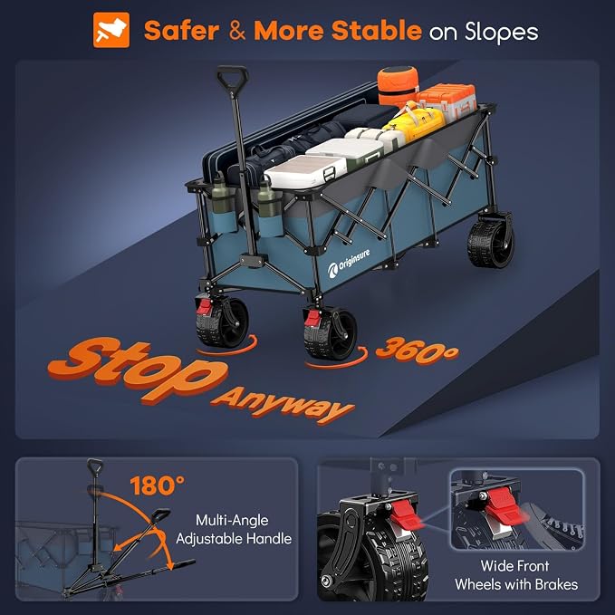 Originsure 48" L Collapsible Wagon Cart Foldable, 560lbs Weight Capacity 300L Heavy Duty Folding Beach Wagons with Big All-Terrain Wheels, Utility Carts for Groceries, Camping, Sports - Grey&Blue