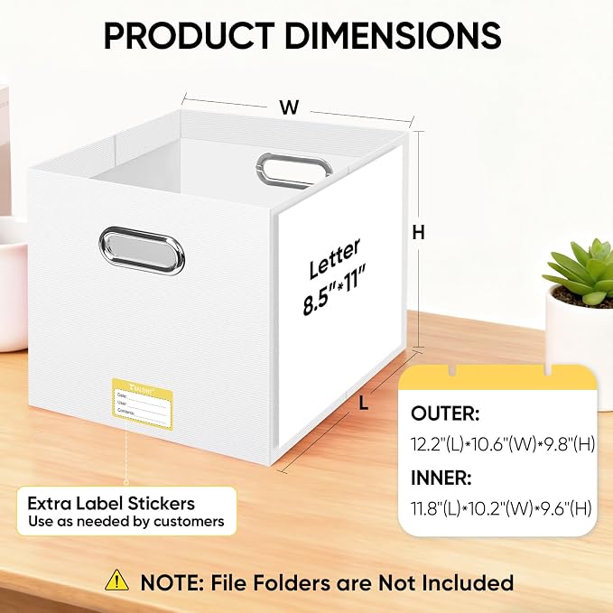 BALEINE File Organizer Box, Cardboard File Folder Organizer with Handle for Letter Size, Portable Collapsible Hanging Filing Box for Home Office Document Storage (4 Pack, Large White)