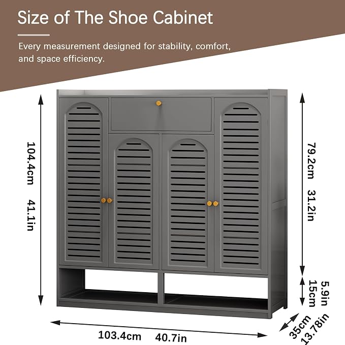 Shoe Cabinet with Louvered Doors, Freestanding Entryway Shoe Storage Cabinet with Drawer & Open Compartment, Modern Bamboo Shoe Rack Organizer with Shelves for Closet (Grey)